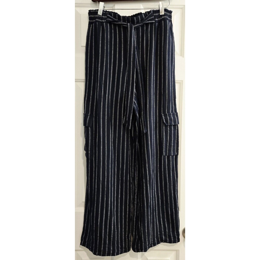 Maurices Linen Blend Striped Wide Leg Cargo Pants Medium Tie Waist Navy Blue